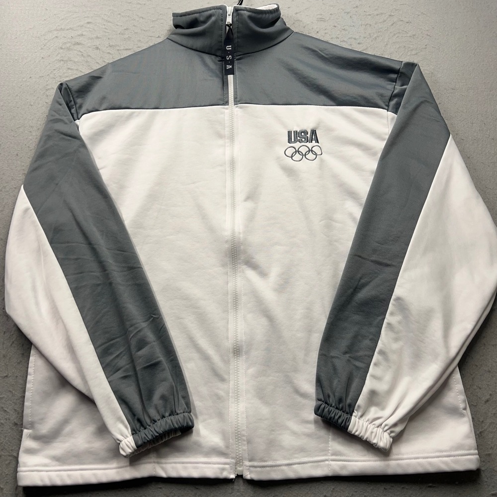 United States Olympic Committee Track Jacket Men XL Grey White Full Zip USA Made